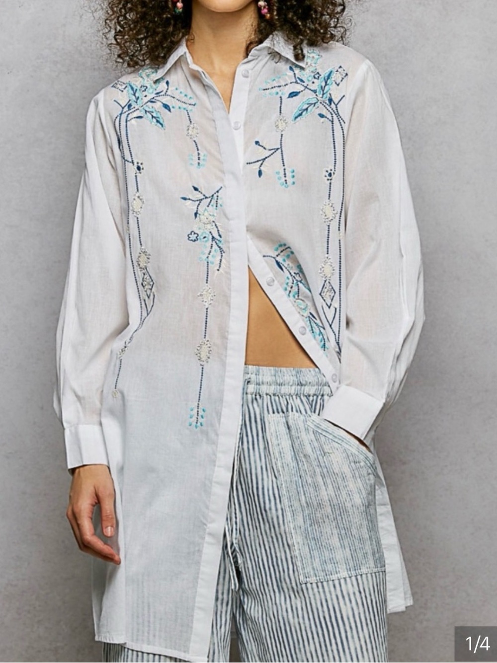 POL White Button-Up Shirt with Blue & Aqua Embroidery New Without Tags